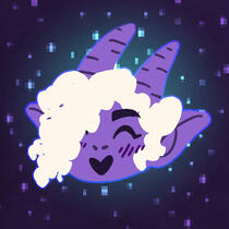 Cute, purple tiefling portrait doodle with white, curly-puffy hair on a starry background. It's a happy face with closed eyes, heart shaped mouth and blush marks on the cheeks.